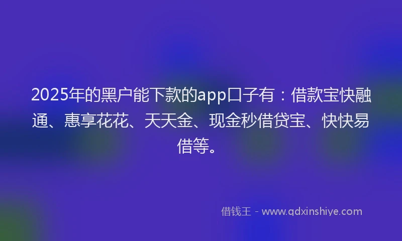 2025年的黑户能下款的app口子有：借款宝快融通、惠享花花、天天金、现金秒借贷宝、快快易借等。