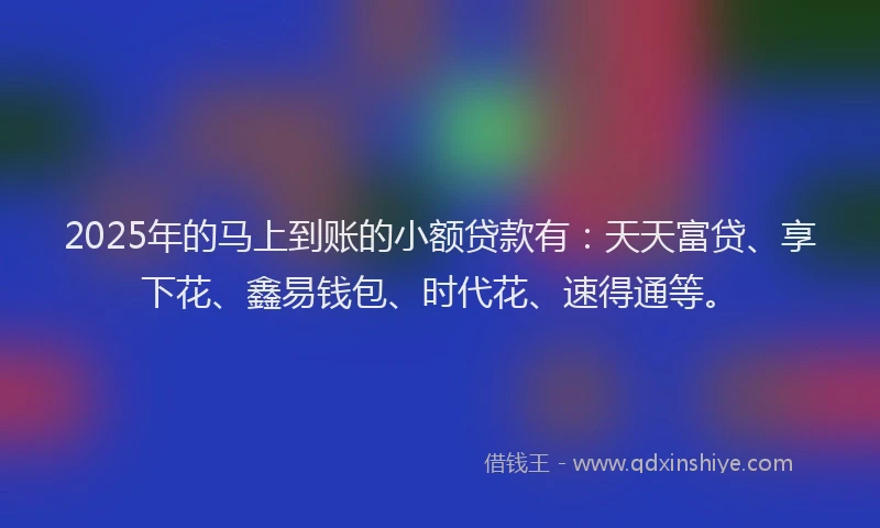 2025年的马上到账的小额贷款有：天天富贷、享下花、鑫易钱包、时代花、速得通等。