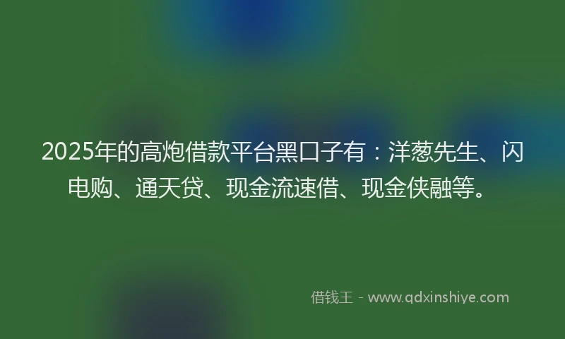 2025年的高炮借款平台黑口子有：洋葱先生、闪电购、通天贷、现金流速借、现金侠融等。