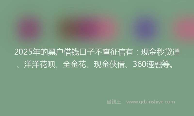 2025年的黑户借钱口子不查征信有：现金秒贷通、洋洋花呗、全金花、现金侠借、360速融等。
