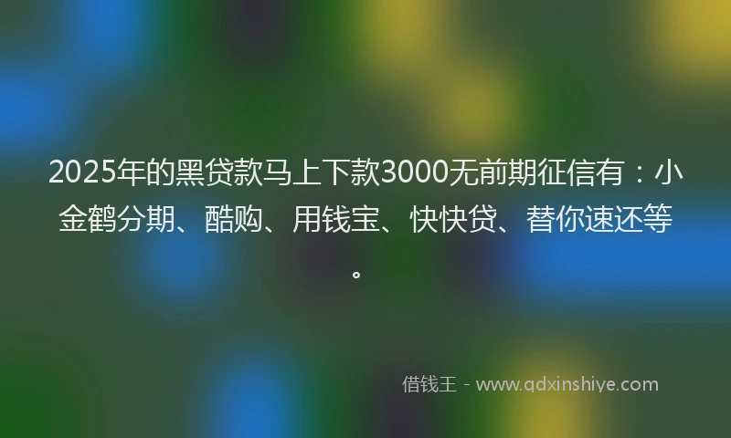 2025年的黑贷款马上下款3000无前期征信有：小金鹤分期、酷购、用钱宝、快快贷、替你速还等。