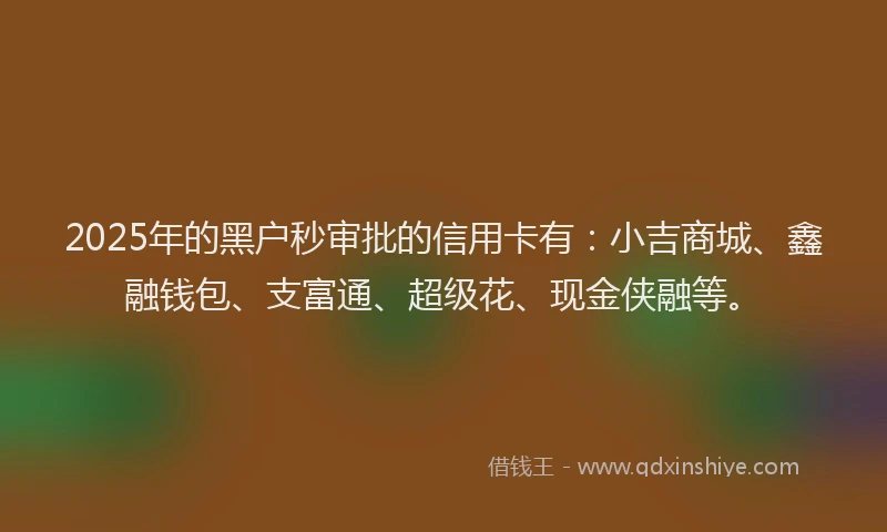 2025年的黑户秒审批的信用卡有：小吉商城、鑫融钱包、支富通、超级花、现金侠融等。