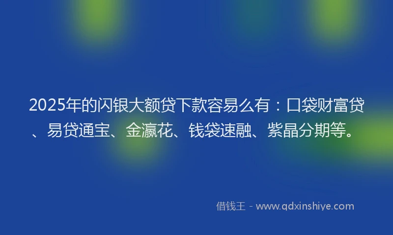 2025年的闪银大额贷下款容易么有：口袋财富贷、易贷通宝、金瀛花、钱袋速融、紫晶分期等。