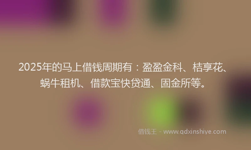 2025年的马上借钱周期有：盈盈金科、桔享花、蜗牛租机、借款宝快贷通、固金所等。