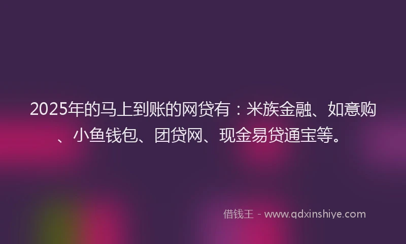 2025年的马上到账的网贷有：米族金融、如意购、小鱼钱包、团贷网、现金易贷通宝等。