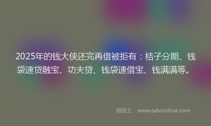 2025年的钱大侠还完再借被拒有：桔子分期、钱袋速贷融宝、功夫贷、钱袋速借宝、钱满满等。