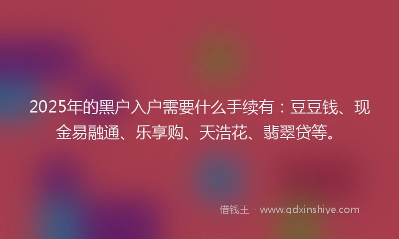2025年的黑户入户需要什么手续有：豆豆钱、现金易融通、乐享购、天浩花、翡翠贷等。