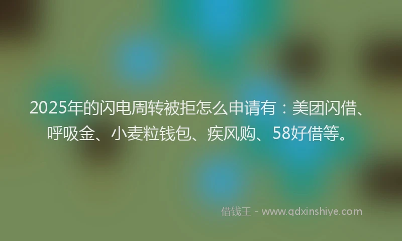 2025年的闪电周转被拒怎么申请有：美团闪借、呼吸金、小麦粒钱包、疾风购、58好借等。