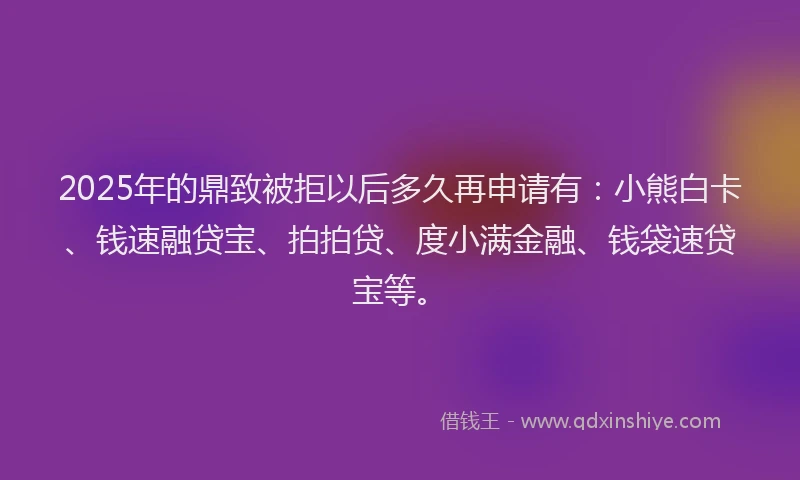 2025年的鼎致被拒以后多久再申请有：小熊白卡、钱速融贷宝、拍拍贷、度小满金融、钱袋速贷宝等。