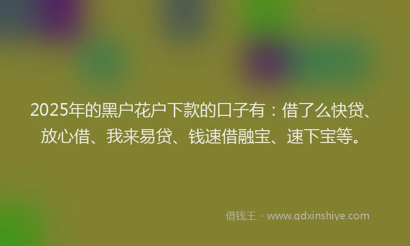 2025年的黑户花户下款的口子有：借了么快贷、放心借、我来易贷、钱速借融宝、速下宝等。