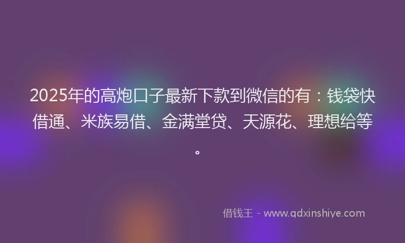 2025年的高炮口子最新下款到微信的有：钱袋快借通、米族易借、金满堂贷、天源花、理想给等。