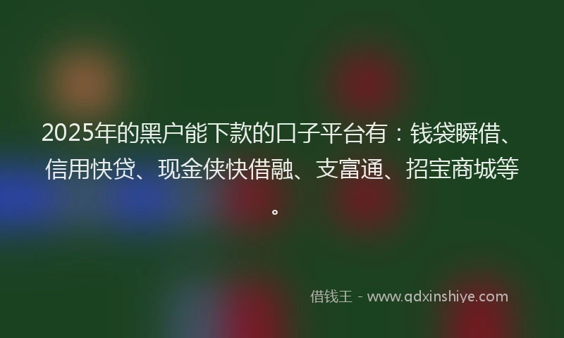 2025年的黑户能下款的口子平台有：钱袋瞬借、信用快贷、现金侠快借融、支富通、招宝商城等。
