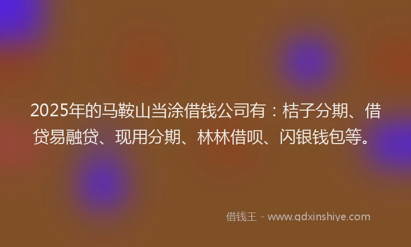 2025年的马鞍山当涂借钱公司有：桔子分期、借贷易融贷、现用分期、林林借呗、闪银钱包等。