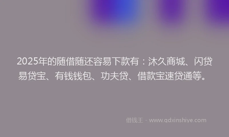2025年的随借随还容易下款有：沐久商城、闪贷易贷宝、有钱钱包、功夫贷、借款宝速贷通等。