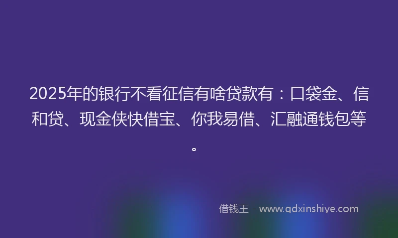 2025年的银行不看征信有啥贷款有：口袋金、信和贷、现金侠快借宝、你我易借、汇融通钱包等。