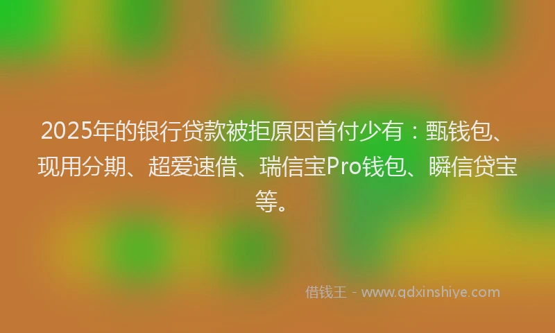 2025年的银行贷款被拒原因首付少有：甄钱包、现用分期、超爱速借、瑞信宝Pro钱包、瞬信贷宝等。