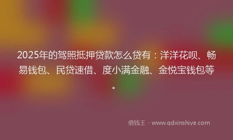 2025年的驾照抵押贷款怎么贷有：洋洋花呗、畅易钱包、民贷速借、度小满金融、金悦宝钱包等。