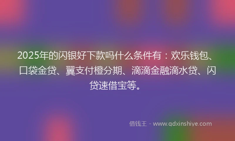 2025年的闪银好下款吗什么条件有：欢乐钱包、口袋金贷、翼支付橙分期、滴滴金融滴水贷、闪贷速借宝等。