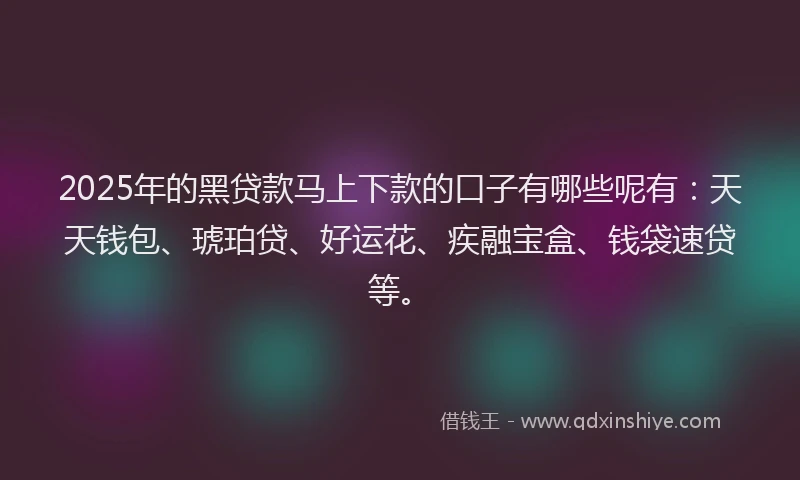 2025年的黑贷款马上下款的口子有哪些呢有：天天钱包、琥珀贷、好运花、疾融宝盒、钱袋速贷等。