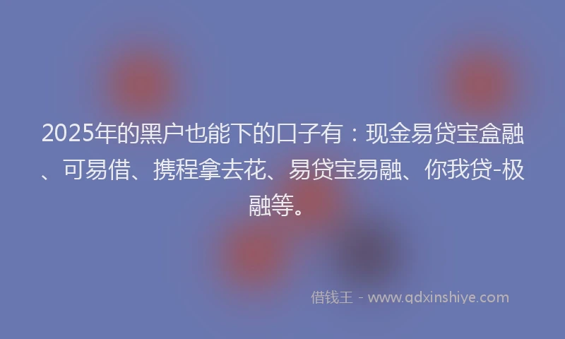 2025年的黑户也能下的口子有：现金易贷宝盒融、可易借、携程拿去花、易贷宝易融、你我贷-极融等。
