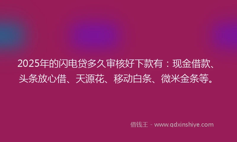 2025年的闪电贷多久审核好下款有：现金借款、头条放心借、天源花、移动白条、微米金条等。