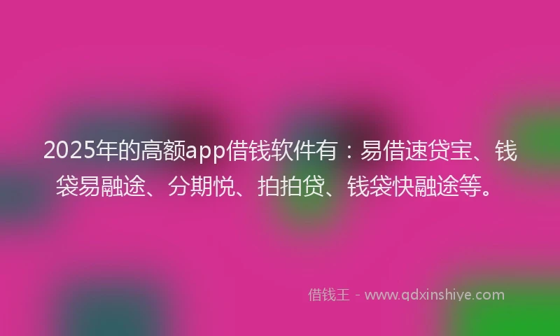 2025年的高额app借钱软件有：易借速贷宝、钱袋易融途、分期悦、拍拍贷、钱袋快融途等。