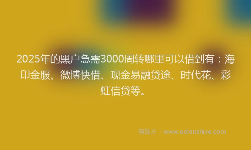 2025年的黑户急需3000周转哪里可以借到有：海印金服、微博快借、现金易融贷途、时代花、彩虹信贷等。