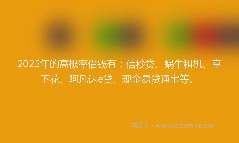 2025年的高概率借钱有：信秒贷、蜗牛租机、享下花、阿凡达e贷、现金易贷通宝等。