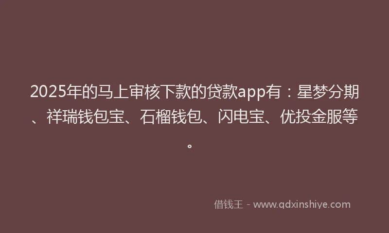 2025年的马上审核下款的贷款app有：星梦分期、祥瑞钱包宝、石榴钱包、闪电宝、优投金服等。