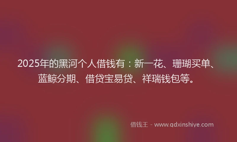 2025年的黑河个人借钱有：新一花、珊瑚买单、蓝鲸分期、借贷宝易贷、祥瑞钱包等。