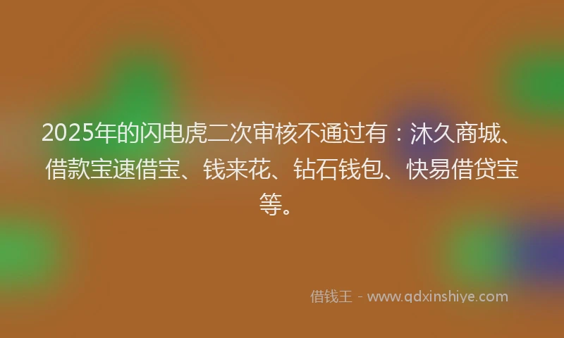 2025年的闪电虎二次审核不通过有：沐久商城、借款宝速借宝、钱来花、钻石钱包、快易借贷宝等。