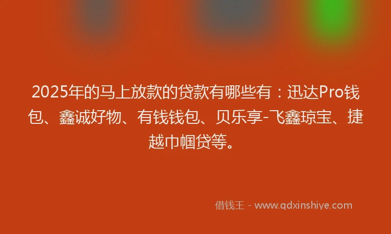 2025年的马上放款的贷款有哪些有：迅达Pro钱包、鑫诚好物、有钱钱包、贝乐享-飞鑫琼宝、捷越巾帼贷等。