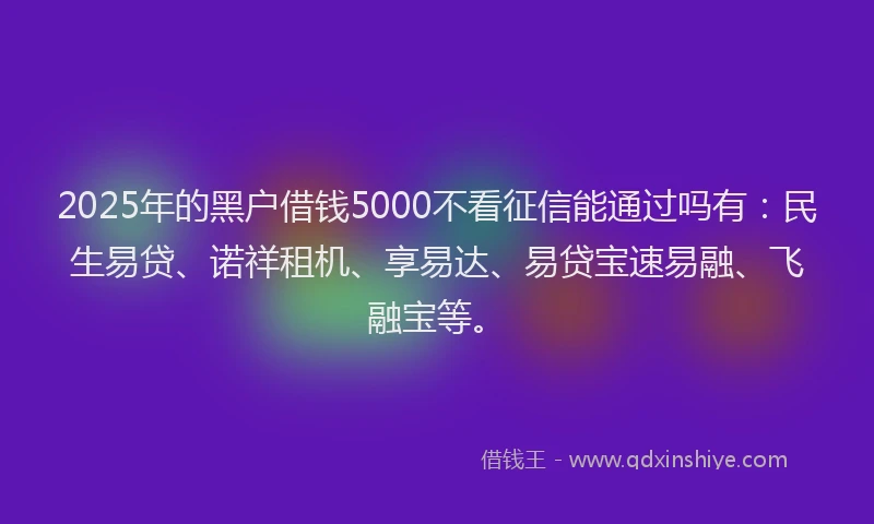2025年的黑户借钱5000不看征信能通过吗有：民生易贷、诺祥租机、享易达、易贷宝速易融、飞融宝等。