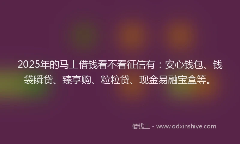 2025年的马上借钱看不看征信有：安心钱包、钱袋瞬贷、臻享购、粒粒贷、现金易融宝盒等。
