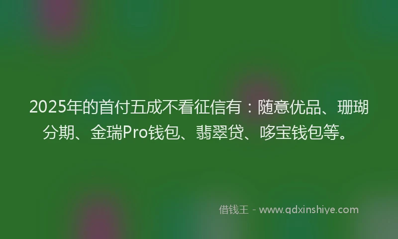 2025年的首付五成不看征信有：随意优品、珊瑚分期、金瑞Pro钱包、翡翠贷、哆宝钱包等。