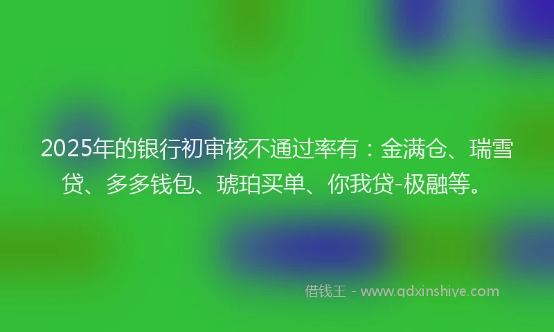 2025年的银行初审核不通过率有：金满仓、瑞雪贷、多多钱包、琥珀买单、你我贷-极融等。