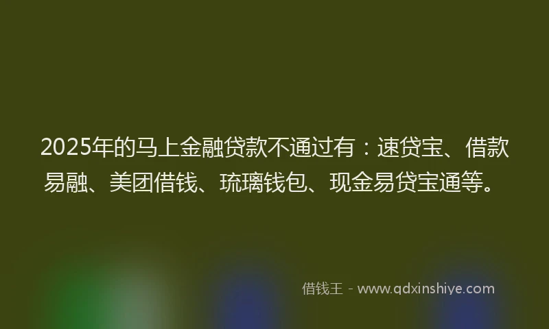 2025年的马上金融贷款不通过有：速贷宝、借款易融、美团借钱、琉璃钱包、现金易贷宝通等。