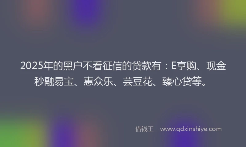 2025年的黑户不看征信的贷款有：E享购、现金秒融易宝、惠众乐、芸豆花、臻心贷等。