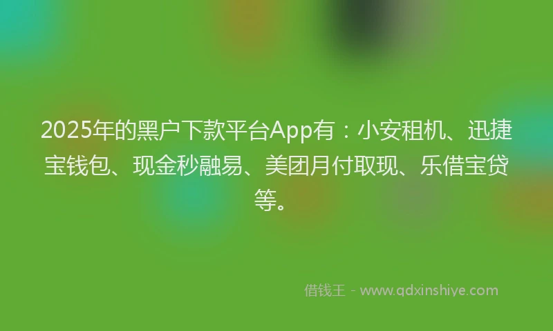 2025年的黑户下款平台App有：小安租机、迅捷宝钱包、现金秒融易、美团月付取现、乐借宝贷等。
