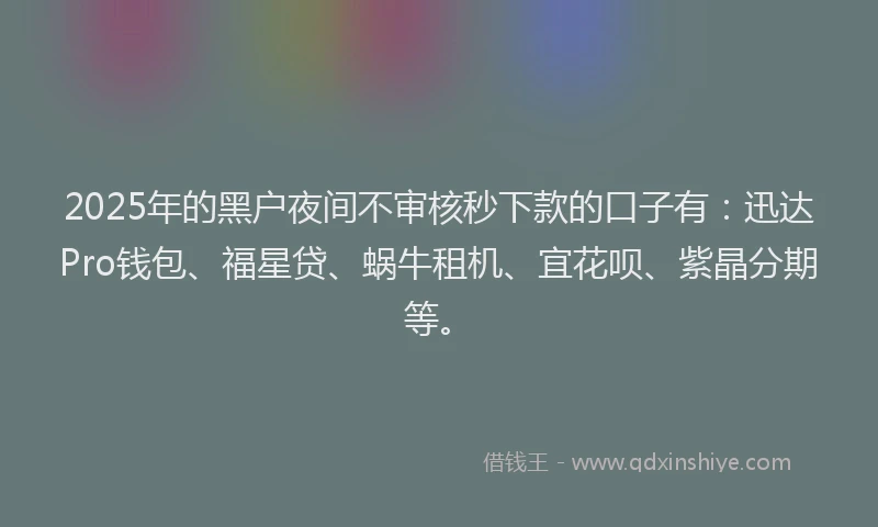 2025年的黑户夜间不审核秒下款的口子有：迅达Pro钱包、福星贷、蜗牛租机、宜花呗、紫晶分期等。