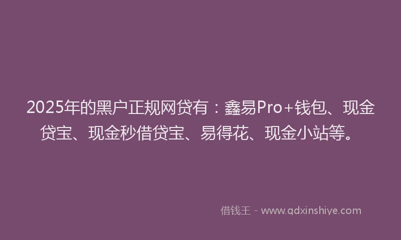 2025年的黑户正规网贷有：鑫易Pro+钱包、现金贷宝、现金秒借贷宝、易得花、现金小站等。