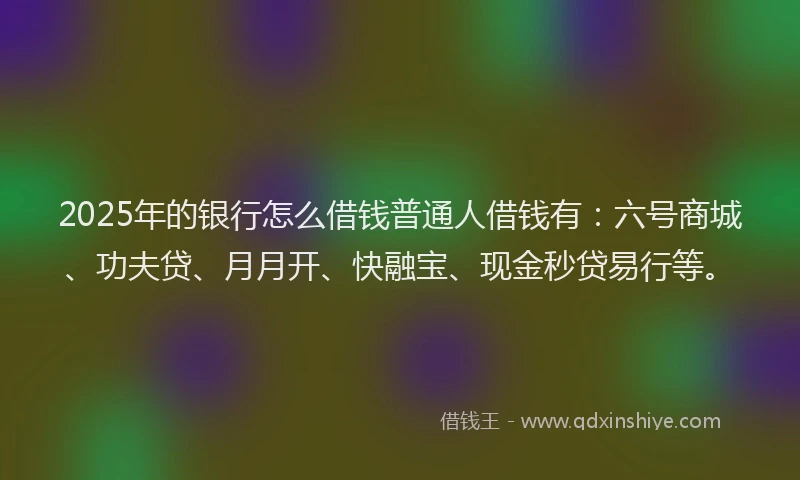 2025年的银行怎么借钱普通人借钱有：六号商城、功夫贷、月月开、快融宝、现金秒贷易行等。