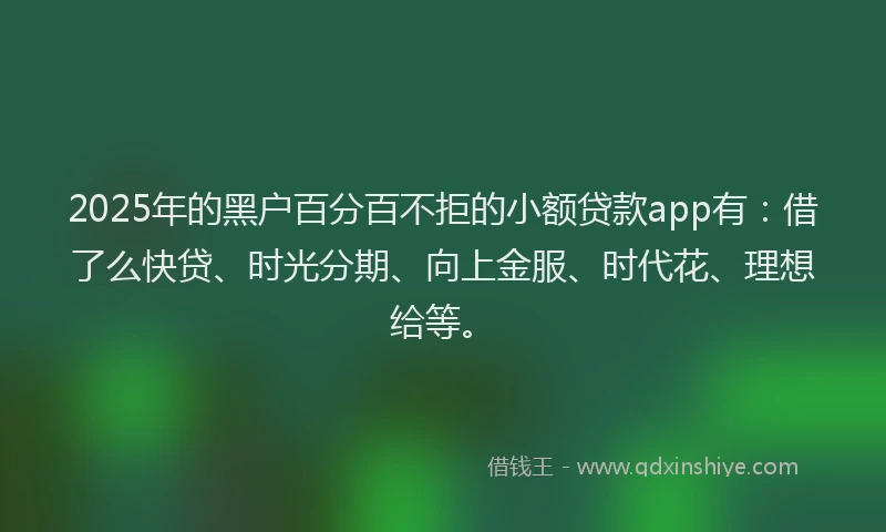 2025年的黑户百分百不拒的小额贷款app有：借了么快贷、时光分期、向上金服、时代花、理想给等。
