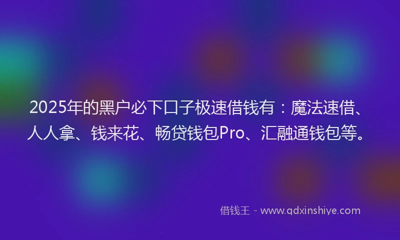 2025年的黑户必下口子极速借钱有：魔法速借、人人拿、钱来花、畅贷钱包Pro、汇融通钱包等。