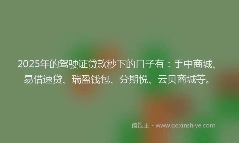 2025年的驾驶证贷款秒下的口子有：手中商城、易借速贷、瑞盈钱包、分期悦、云贝商城等。