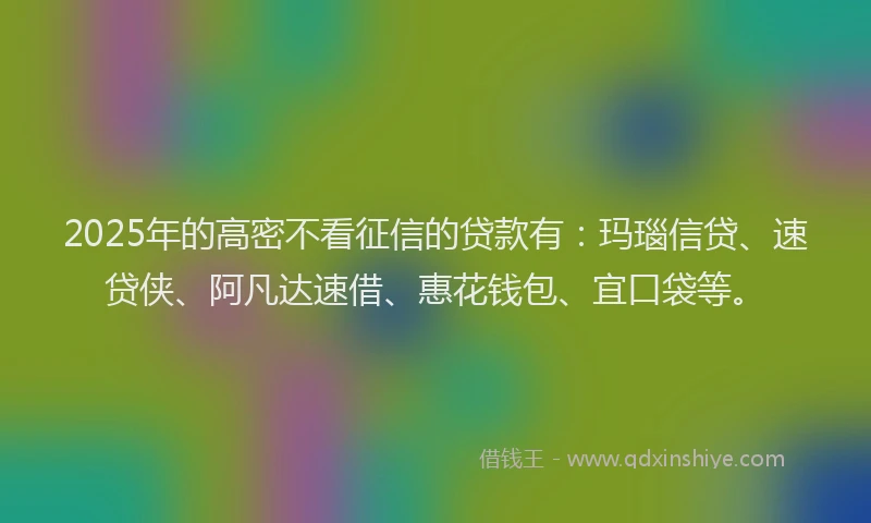 2025年的高密不看征信的贷款有：玛瑙信贷、速贷侠、阿凡达速借、惠花钱包、宜口袋等。