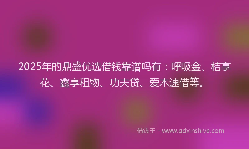 2025年的鼎盛优选借钱靠谱吗有：呼吸金、桔享花、鑫享租物、功夫贷、爱木速借等。