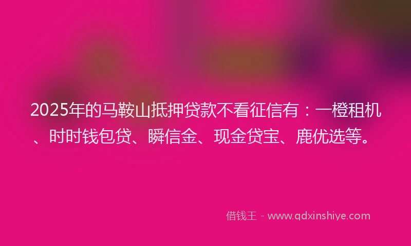 2025年的马鞍山抵押贷款不看征信有：一橙租机、时时钱包贷、瞬信金、现金贷宝、鹿优选等。
