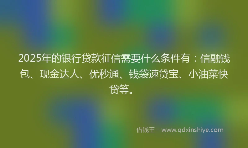 2025年的银行贷款征信需要什么条件有：信融钱包、现金达人、优秒通、钱袋速贷宝、小油菜快贷等。