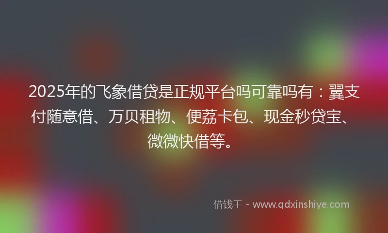 2025年的飞象借贷是正规平台吗可靠吗有：翼支付随意借、万贝租物、便荔卡包、现金秒贷宝、微微快借等。